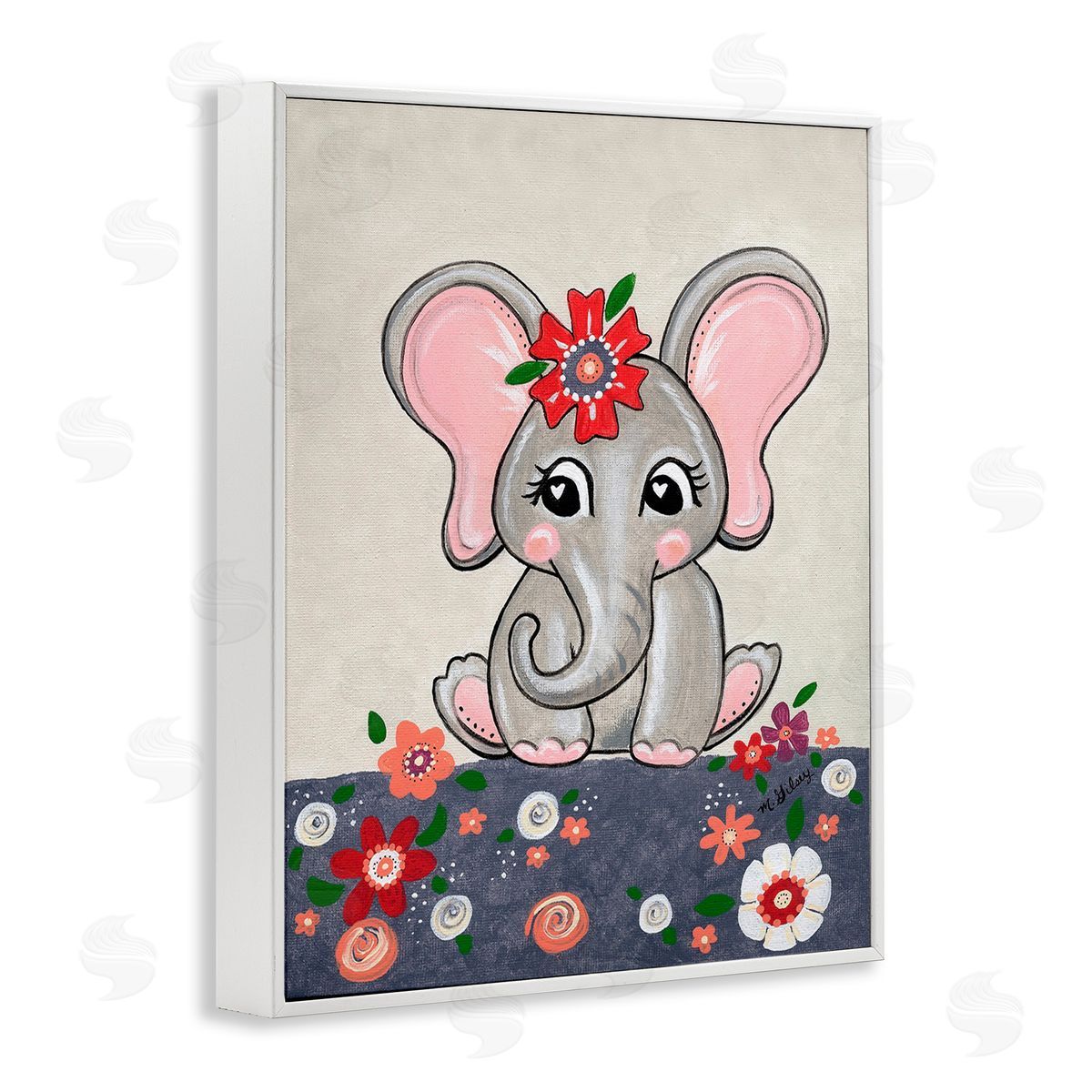 Michelle Gilsey Baby Elephant & Flowers White Framed Giclee Wall Art Print