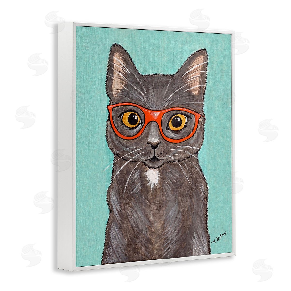 Michelle Gilsey Hipster Cat Red Glasses White Framed Giclee Wall Art Print