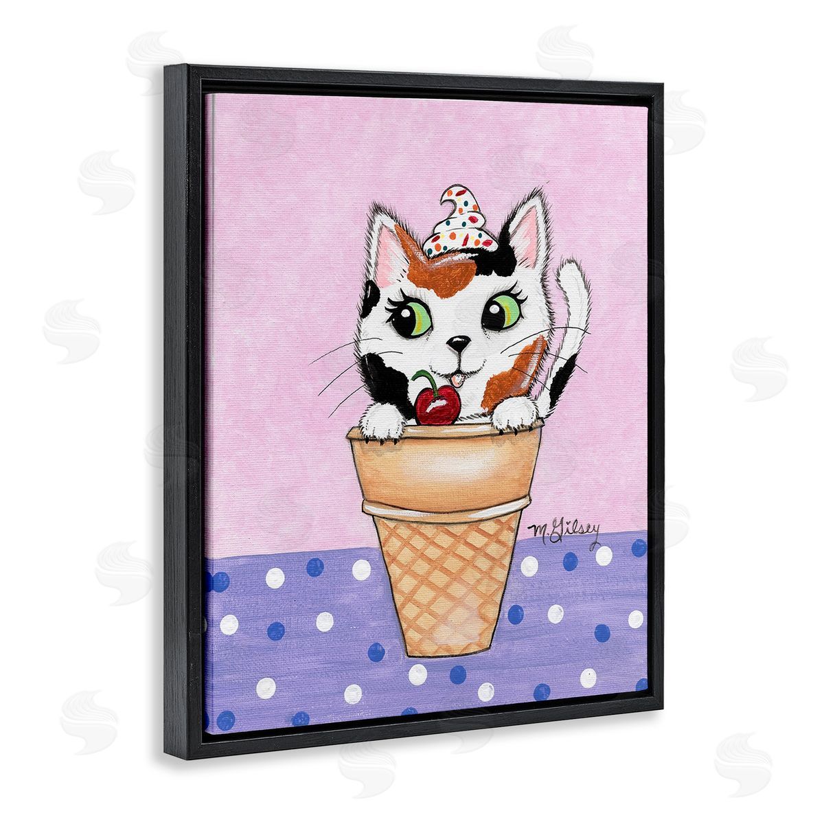 Michelle Gilsey Polka Dot Cat Sundae Black Floating Frame Canvas Wall Art Print