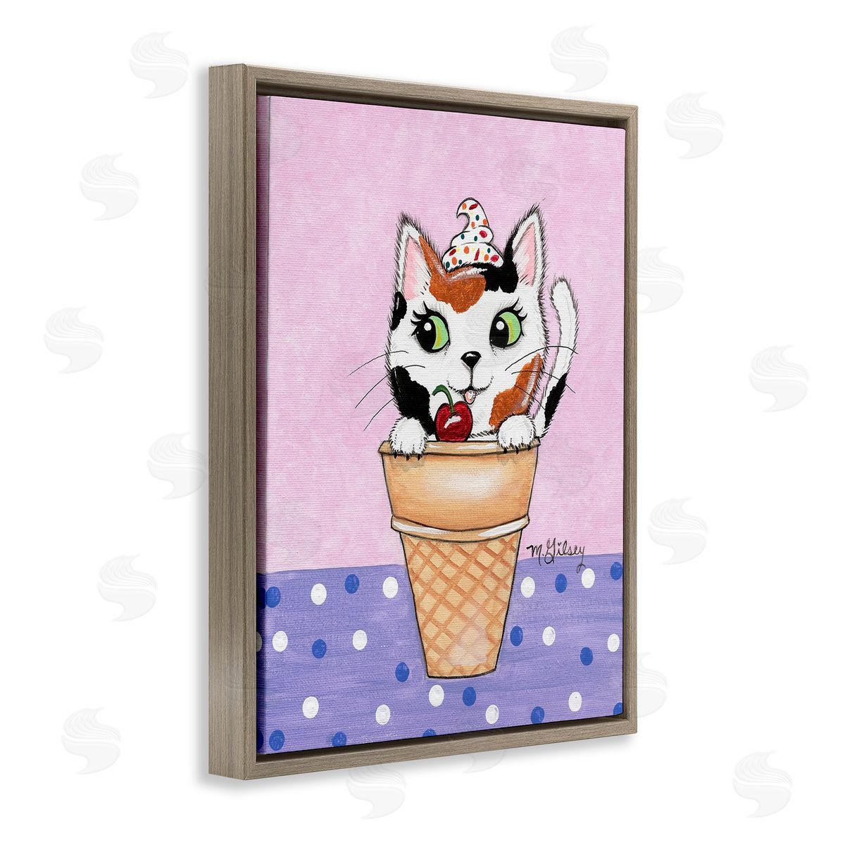 Michelle Gilsey Polka Dot Cat Sundae Brown Floating Frame Canvas Wall Art Print