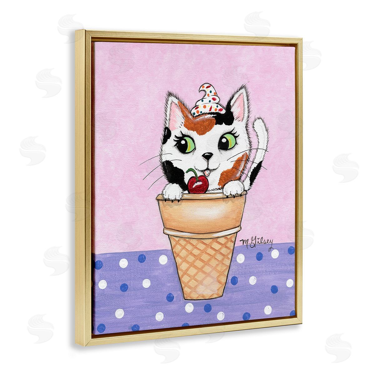 Michelle Gilsey Polka Dot Cat Sundae Gold Floating Frame Canvas Wall Art Print