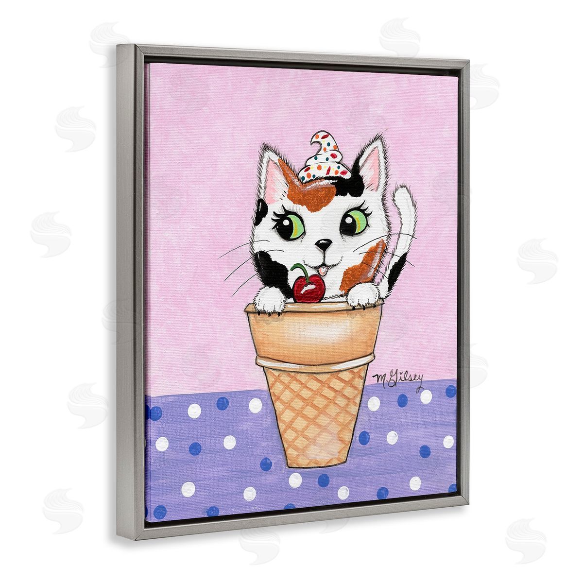Michelle Gilsey Polka Dot Cat Sundae Gray Floating Frame Canvas Wall Art Print