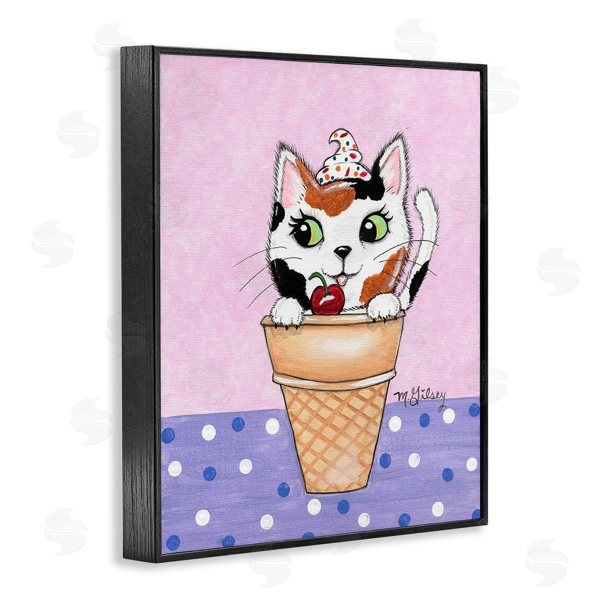 Michelle Gilsey Polka Dot Cat Sundae Black Framed Giclee Wall Art Print