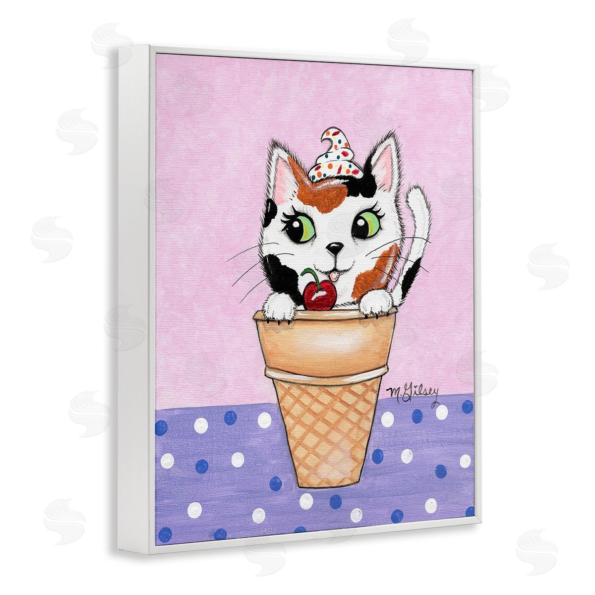 Michelle Gilsey Polka Dot Cat Sundae White Framed Giclee Wall Art Print