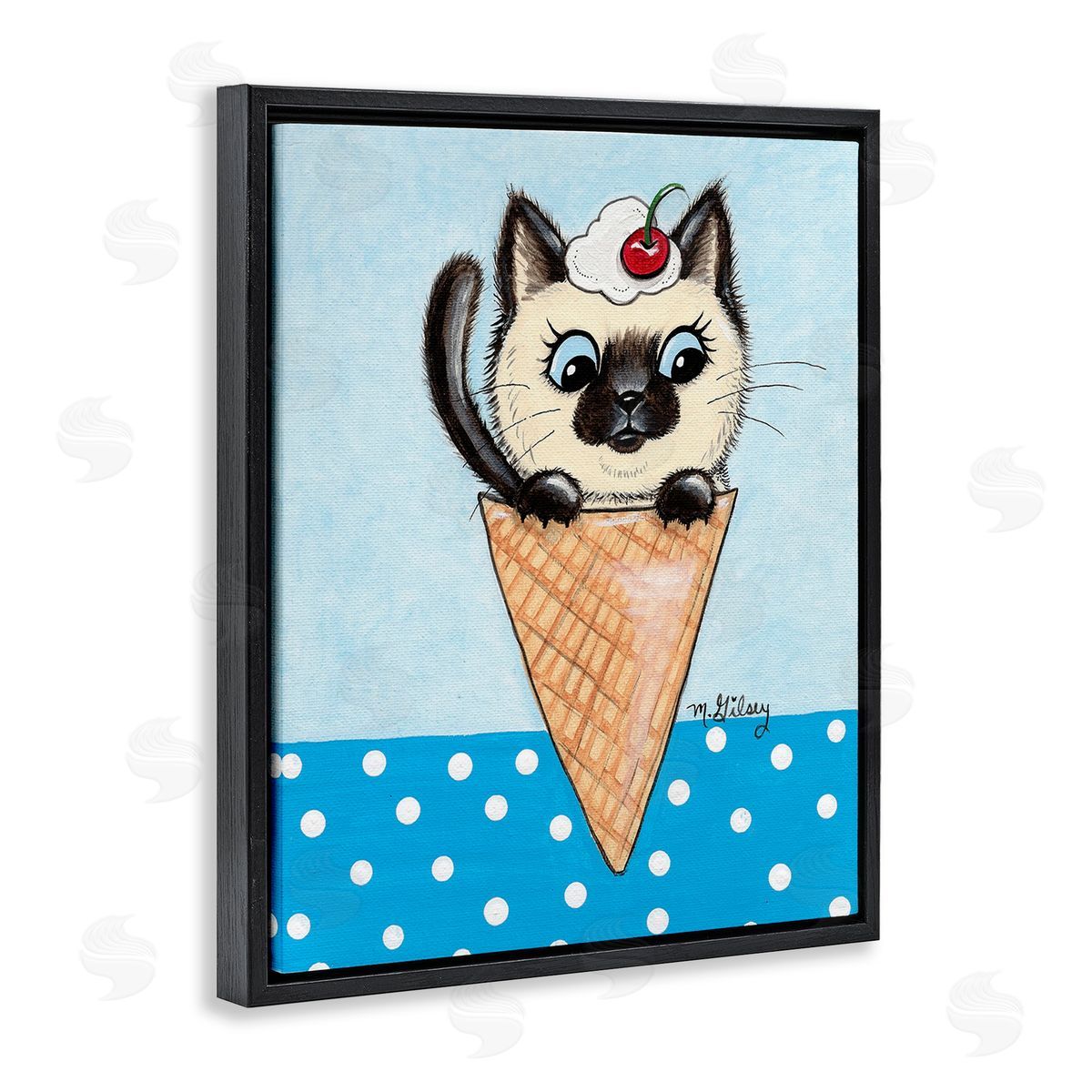 Michelle Gilsey Kitten Sundae Cone Black Floating Frame Canvas Wall Art Print