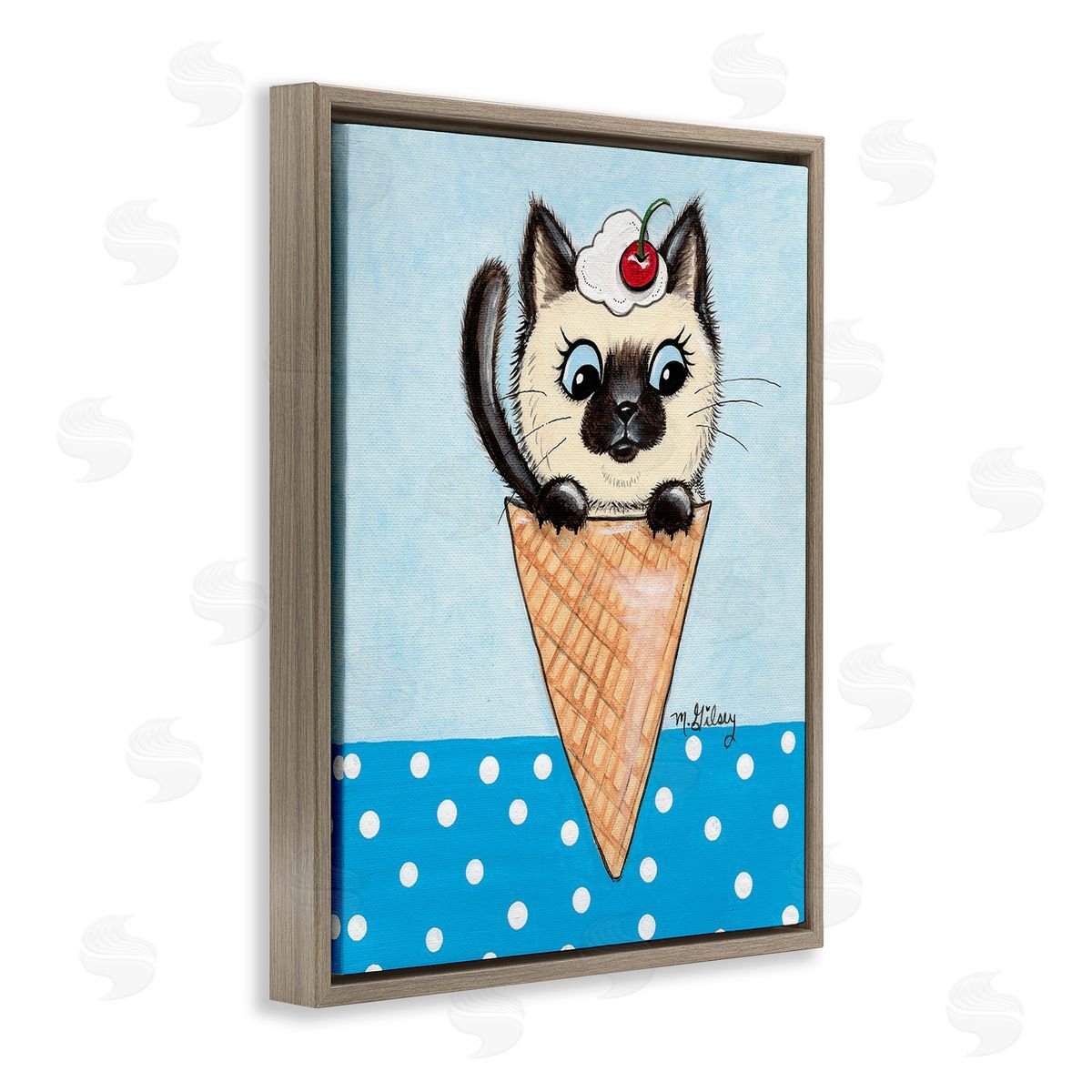 Michelle Gilsey Kitten Sundae Cone Brown Floating Frame Canvas Wall Art Print