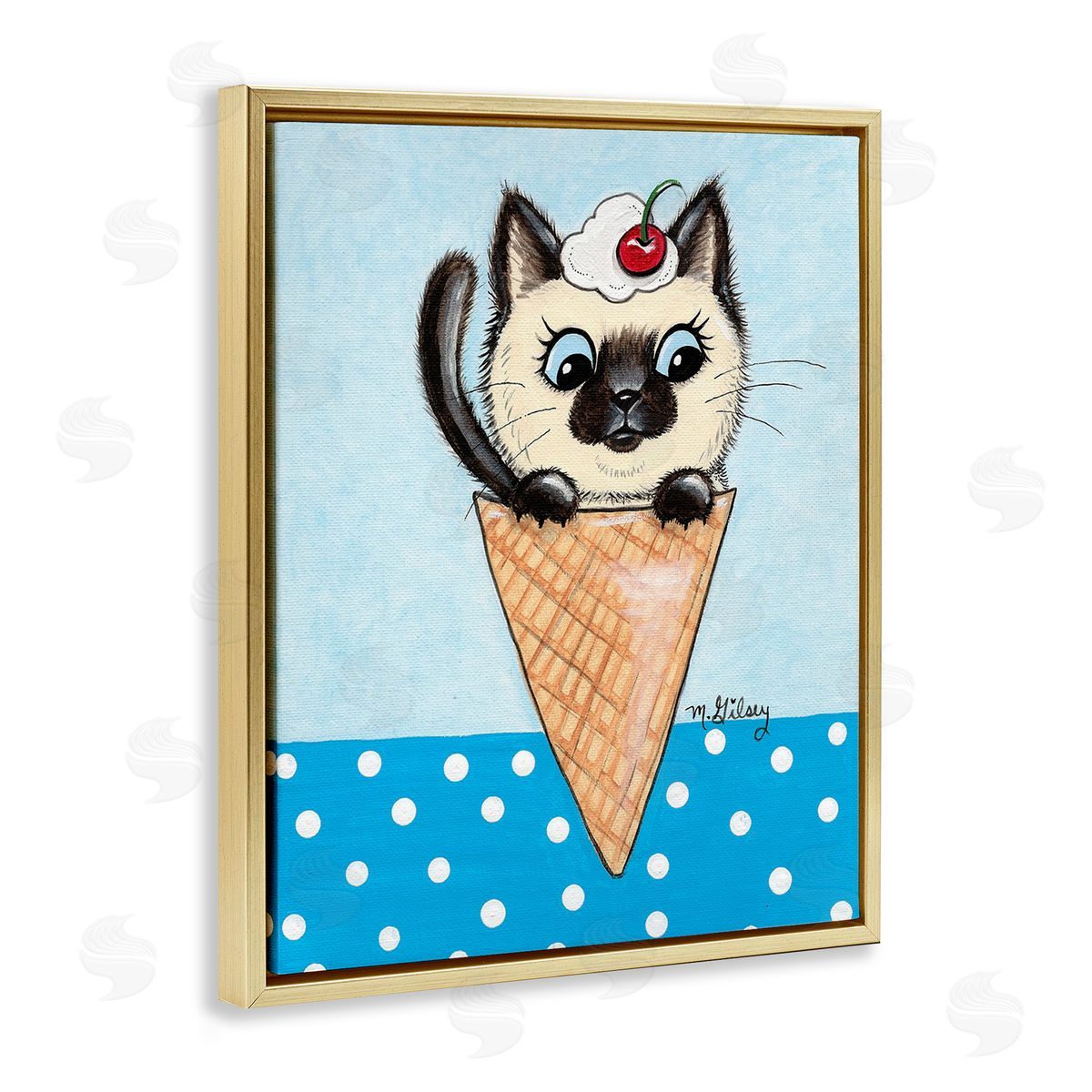 Michelle Gilsey Kitten Sundae Cone Gold Floating Frame Canvas Wall Art Print