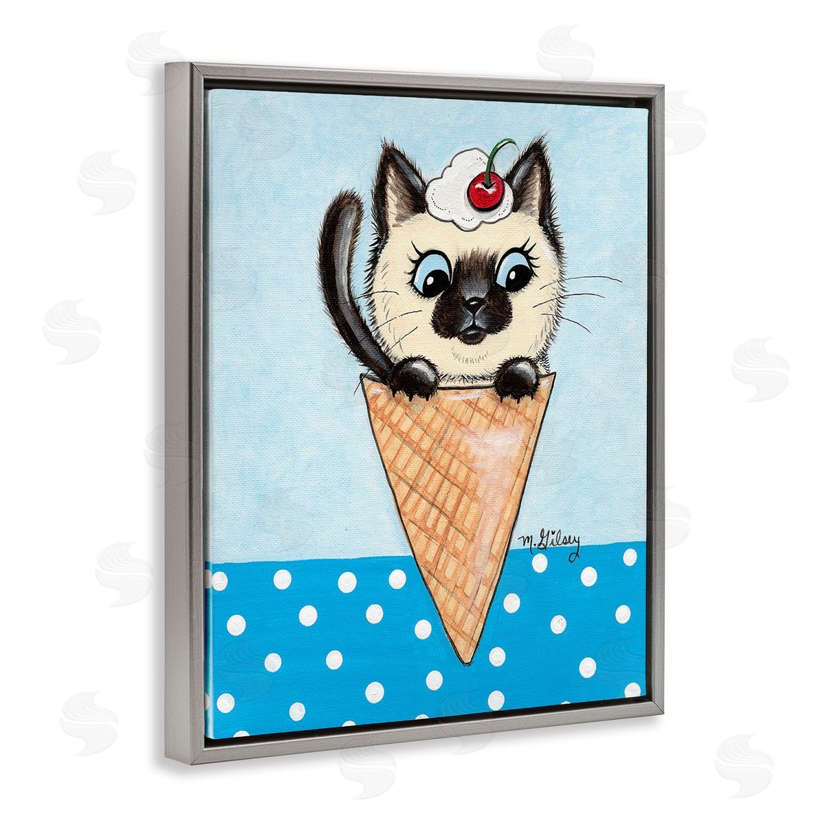 Michelle Gilsey Kitten Sundae Cone Gray Floating Frame Canvas Wall Art Print