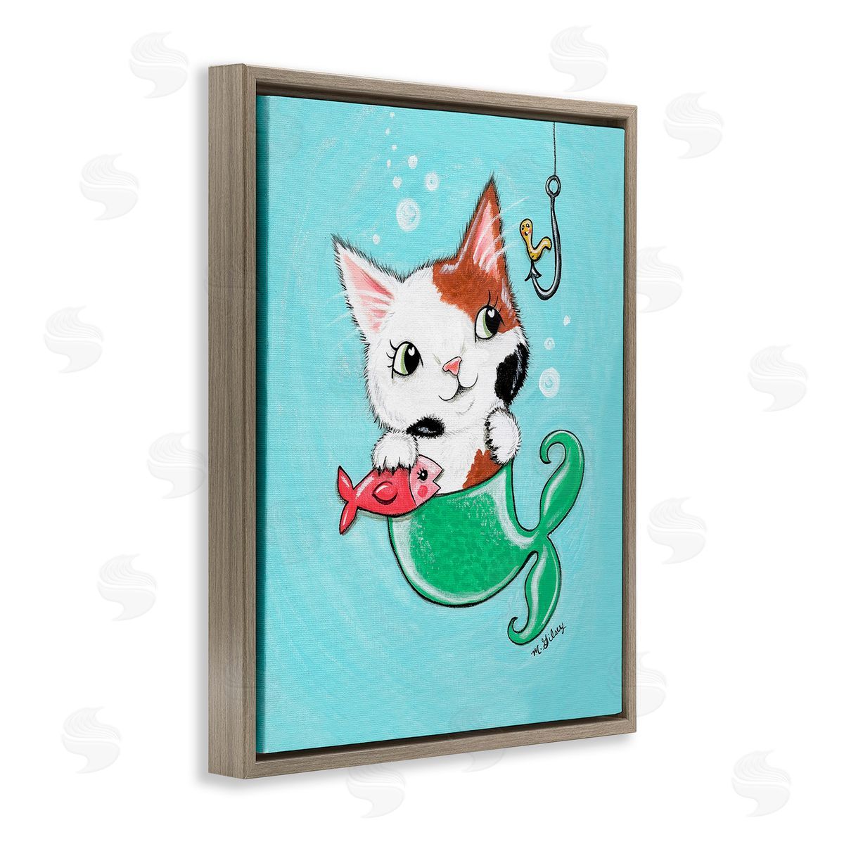 Michelle Gilsey Mermaid Cat with Fish Brown Floating Frame Canvas Wall Art Print