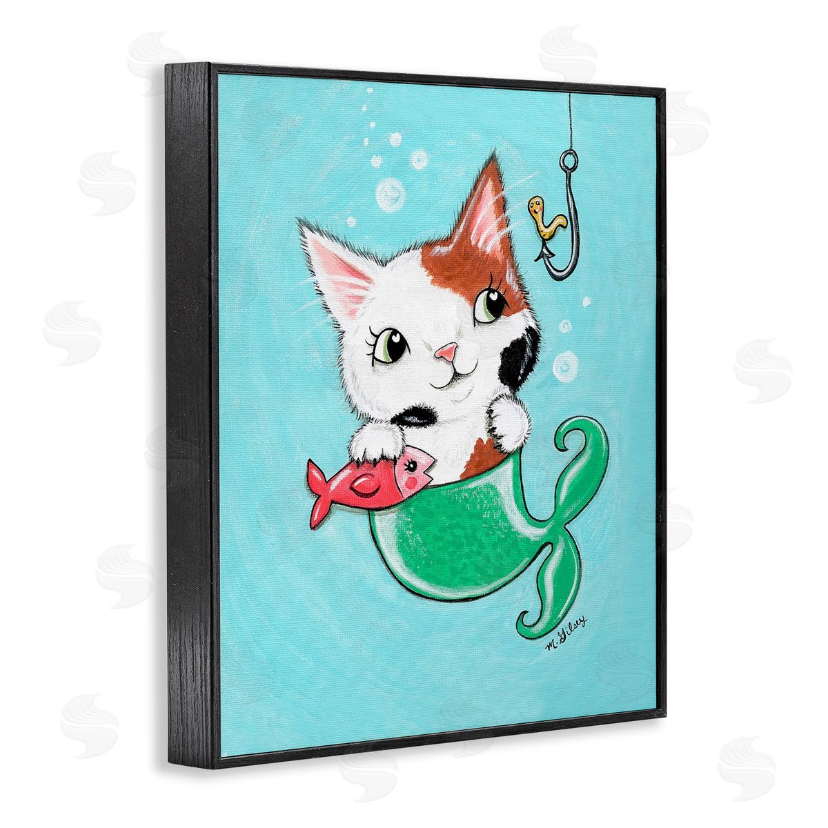 Michelle Gilsey Mermaid Cat with Fish Black Framed Giclee Wall Art Print