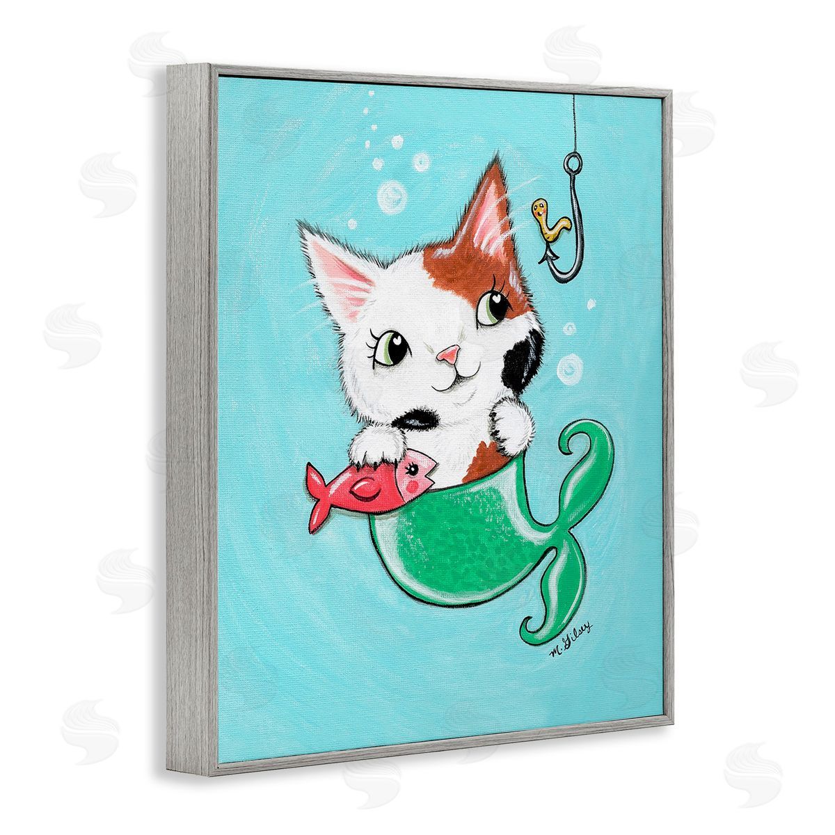 Michelle Gilsey Mermaid Cat with Fish Gray Framed Giclee Wall Art Print