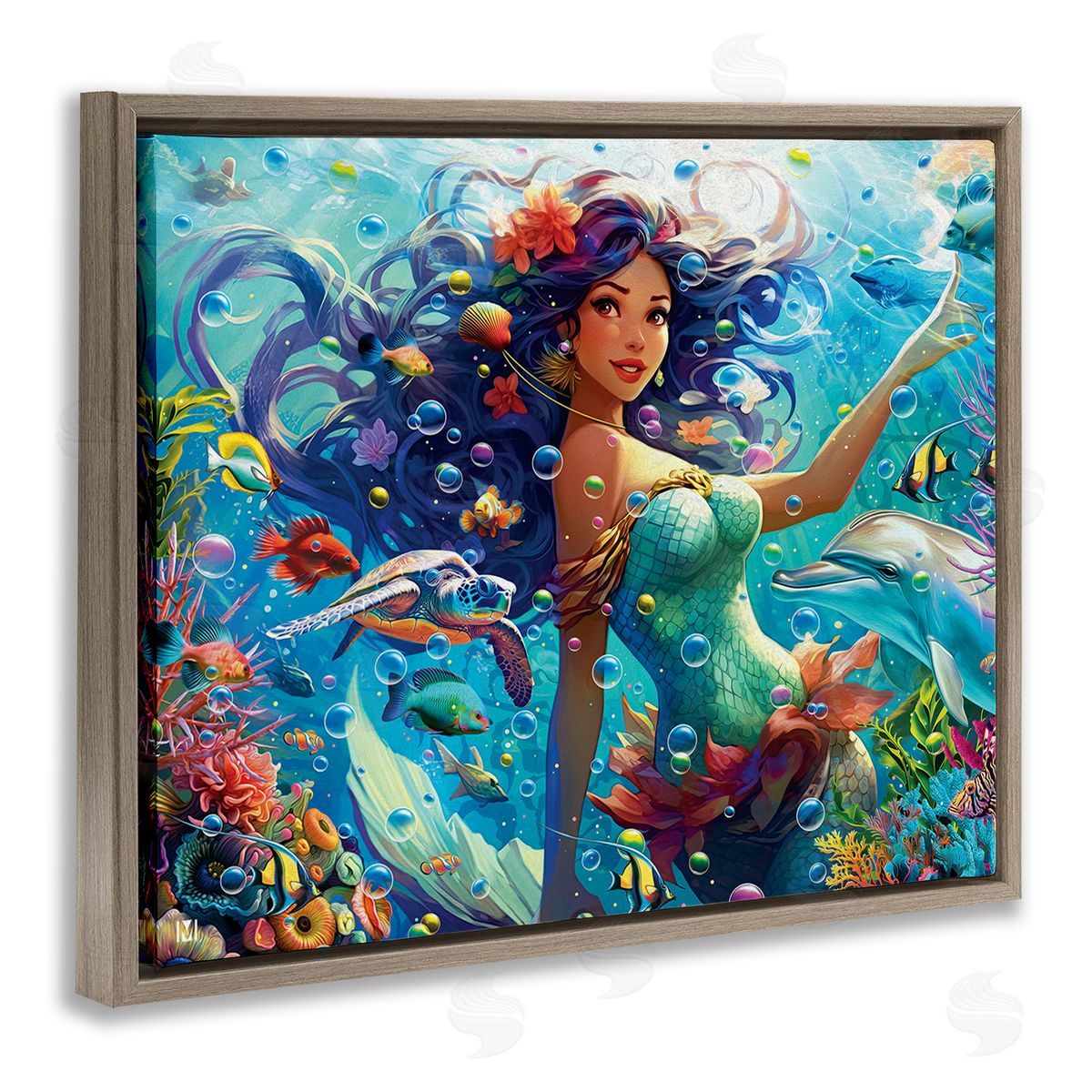 Michael David Ward Mermaid & Marine Animals Brown Floating Frame Canvas Wall Art Print