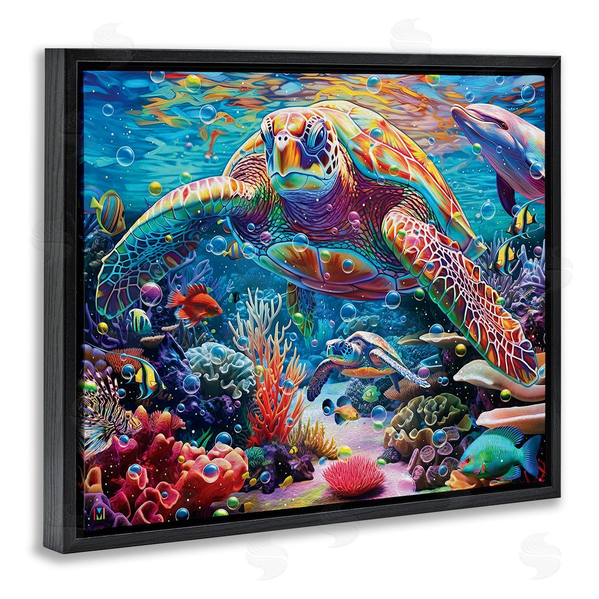 Michael David Ward Vivid Sea Turtle & Reef Black Floating Frame Canvas Wall Art Print