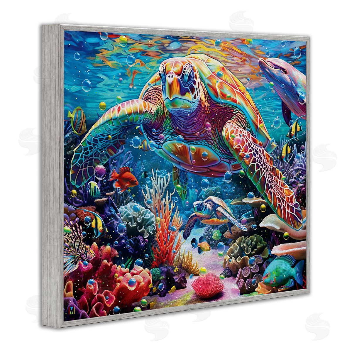 Michael David Ward Vivid Sea Turtle & Reef Gray Framed Giclee Wall Art Print