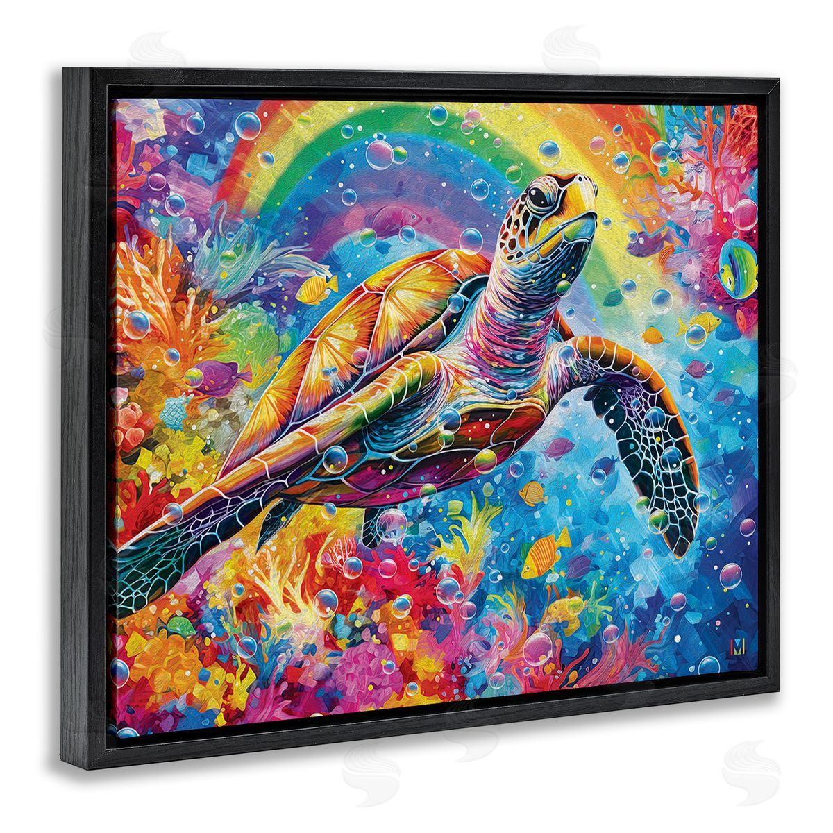 Michael David Ward Turtle with Underwater Rainbow Black Floating Frame Canvas Wall Art Print