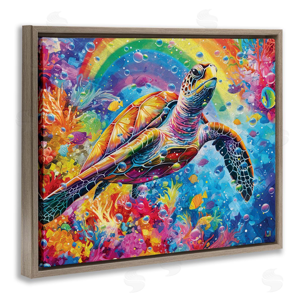 Michael David Ward Turtle with Underwater Rainbow Brown Floating Frame Canvas Wall Art Print