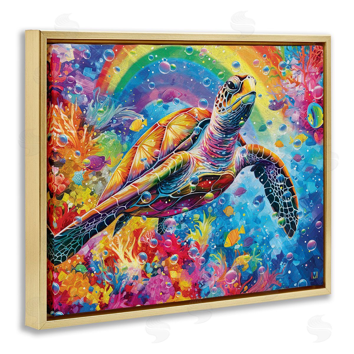 Michael David Ward Turtle with Underwater Rainbow Gold Floating Frame Canvas Wall Art Print