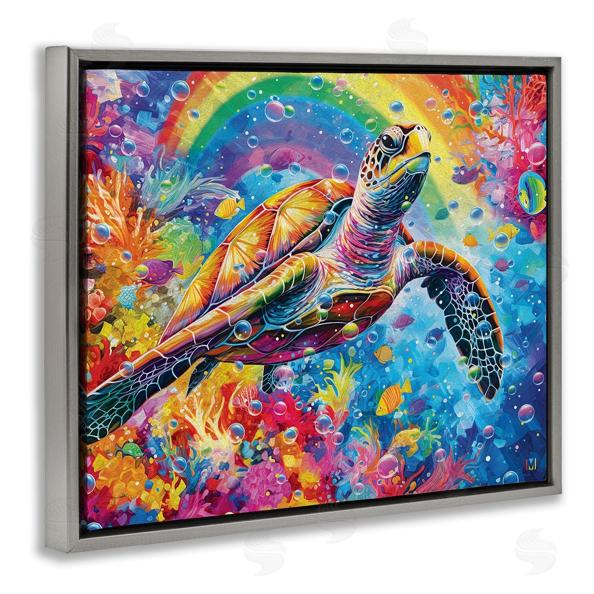 Michael David Ward Turtle with Underwater Rainbow Gray Floating Frame Canvas Wall Art Print