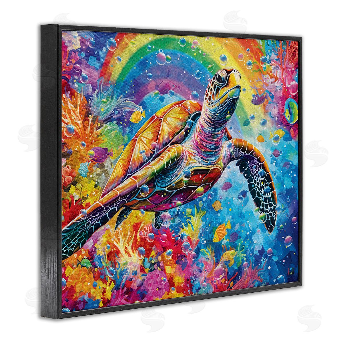 Michael David Ward Turtle with Underwater Rainbow Black Framed Giclee Wall Art Print