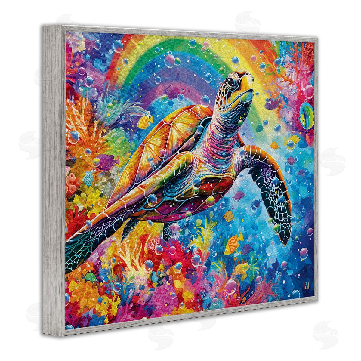Michael David Ward Turtle with Underwater Rainbow Gray Framed Giclee Wall Art Print