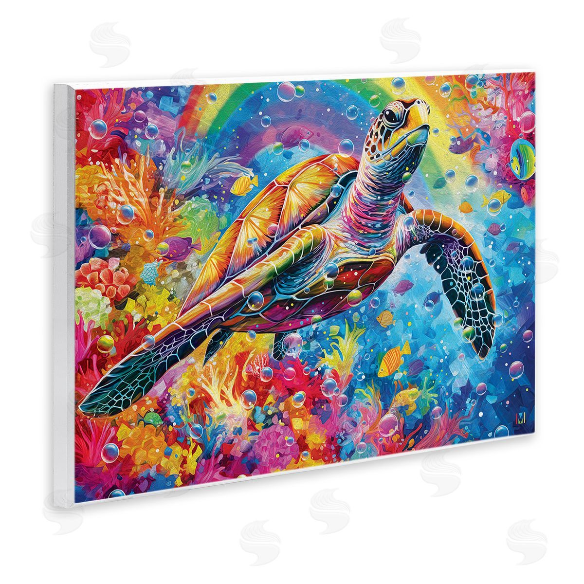 Michael David Ward Turtle with Underwater Rainbow Wooden Wall Plaque Art Print