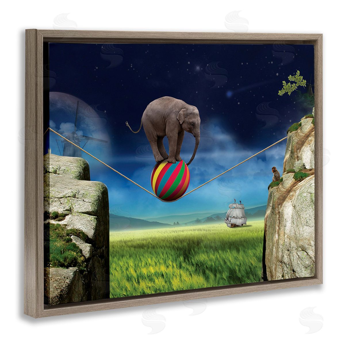 Nobleworks Elephant Balancing on Ball Brown Floating Frame Canvas Wall Art Print