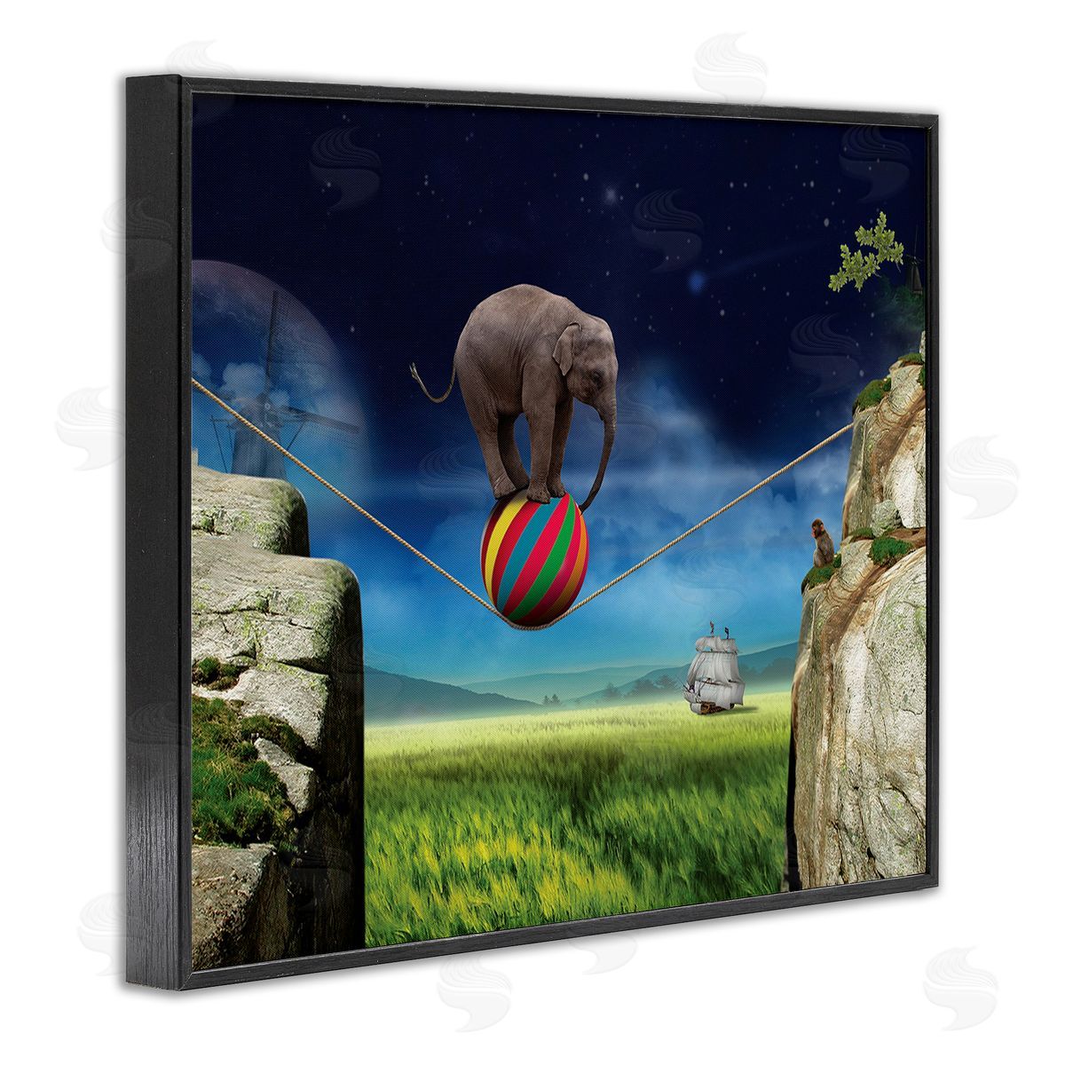 Nobleworks Elephant Balancing on Ball Black Framed Giclee Wall Art Print
