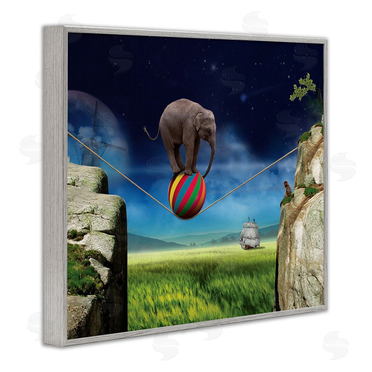 Nobleworks Elephant Balancing on Ball Gray Framed Giclee Wall Art Print