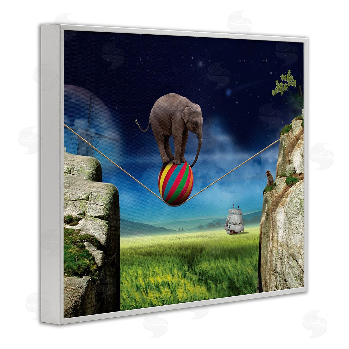 Nobleworks Elephant Balancing on Ball White Framed Giclee Wall Art Print