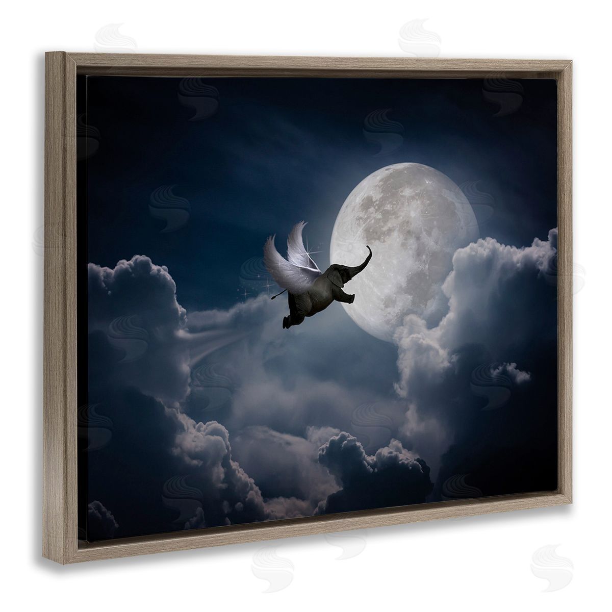 Nobleworks Flying Elephant & Moon Brown Floating Frame Canvas Wall Art Print