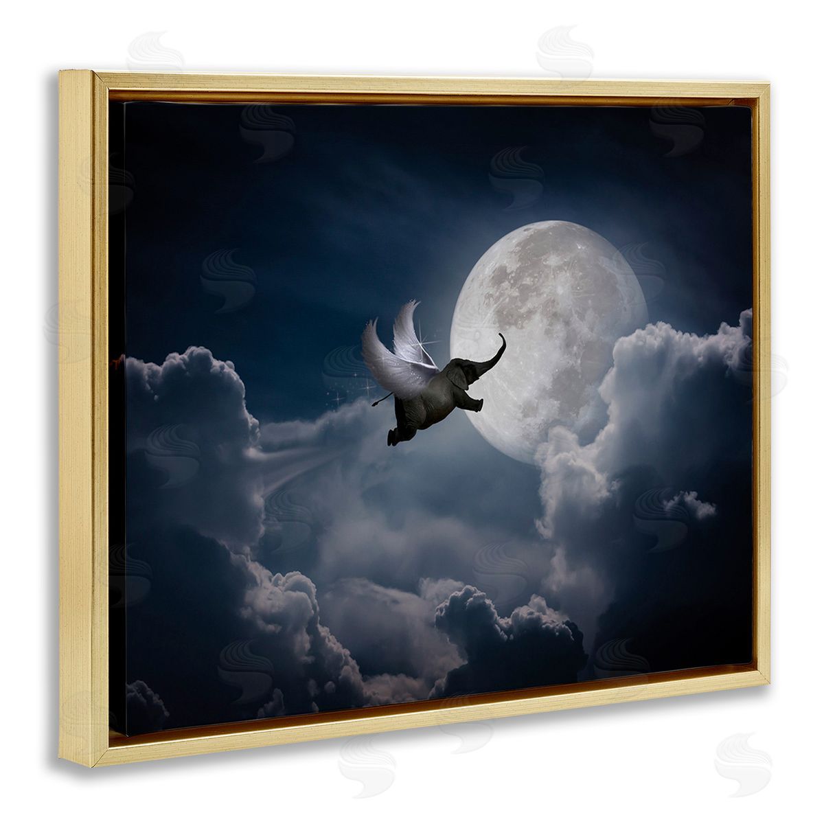 Nobleworks Flying Elephant & Moon Gold Floating Frame Canvas Wall Art Print