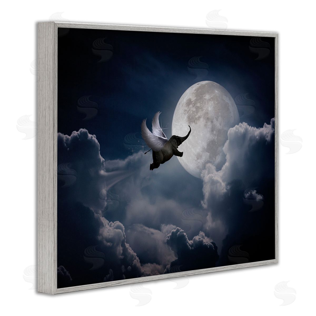 Nobleworks Flying Elephant & Moon Gray Framed Giclee Wall Art Print