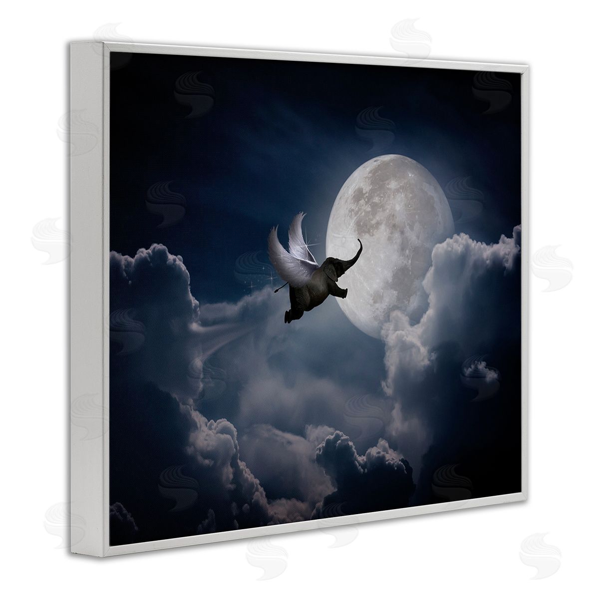 Nobleworks Flying Elephant & Moon White Framed Giclee Wall Art Print