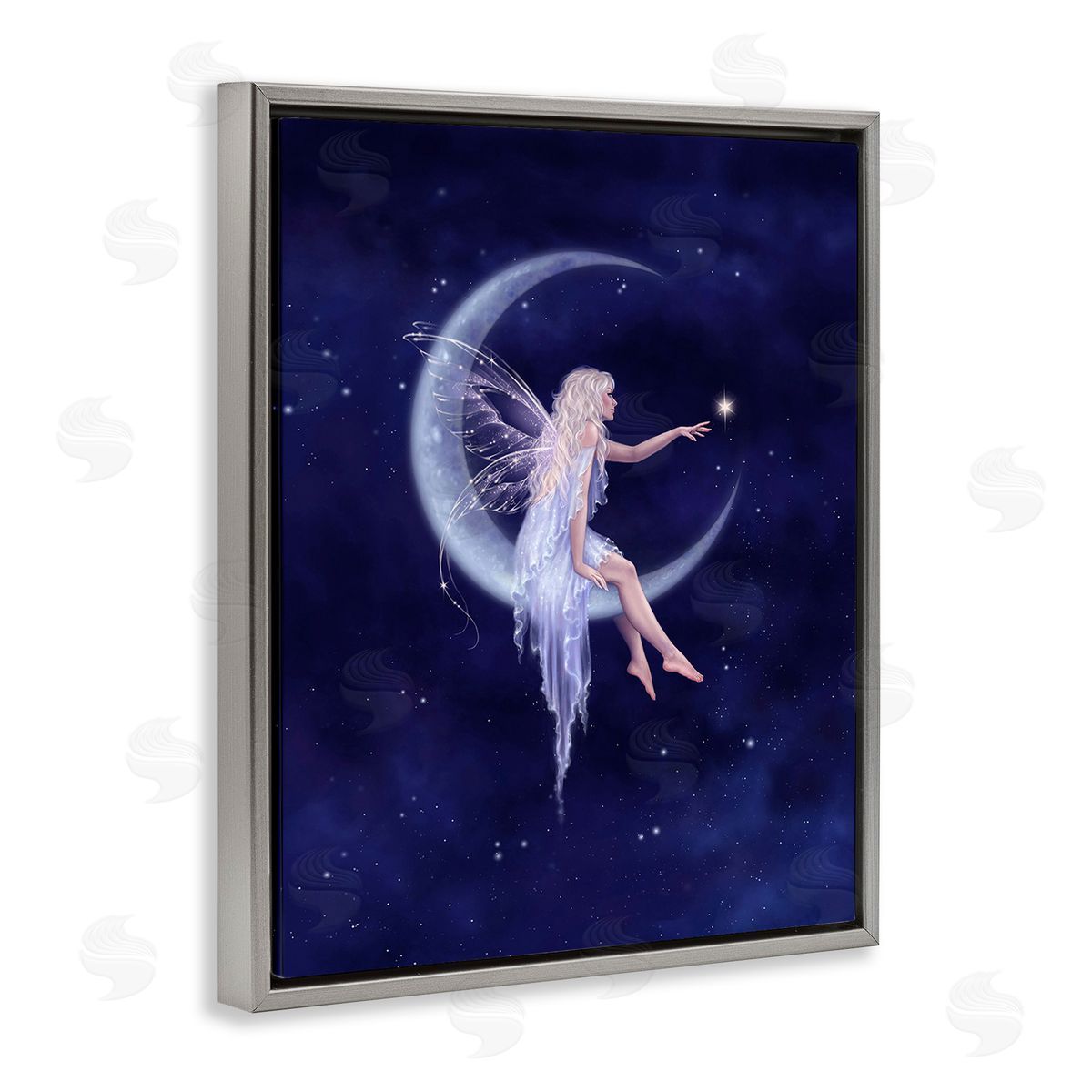 Rachel Anderson Fairy & Crescent Moon Gray Floating Frame Canvas Wall Art Print
