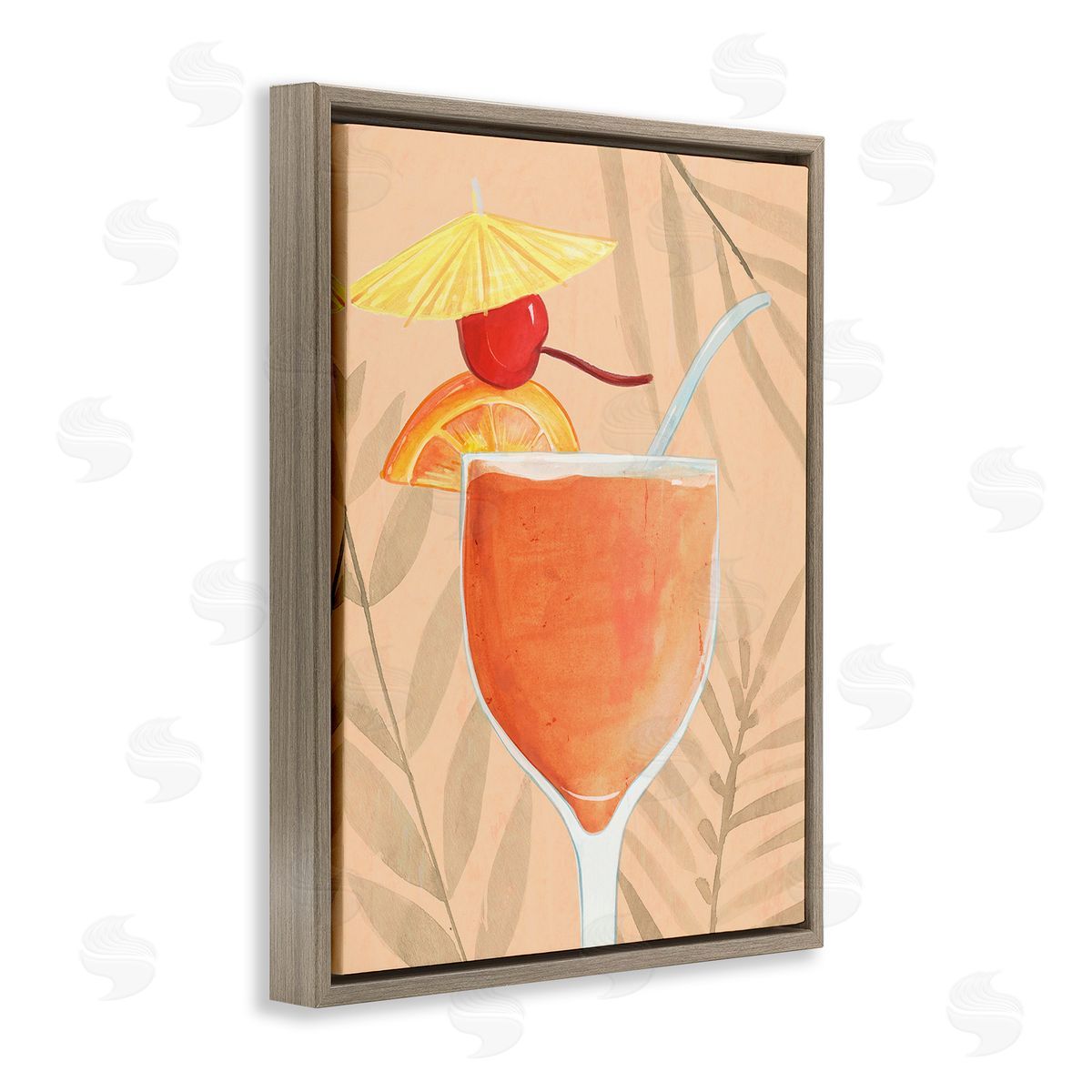 Annie Warren Tropical Cocktail with Fruit Brown Floating Frame Canvas Wall Art Print
