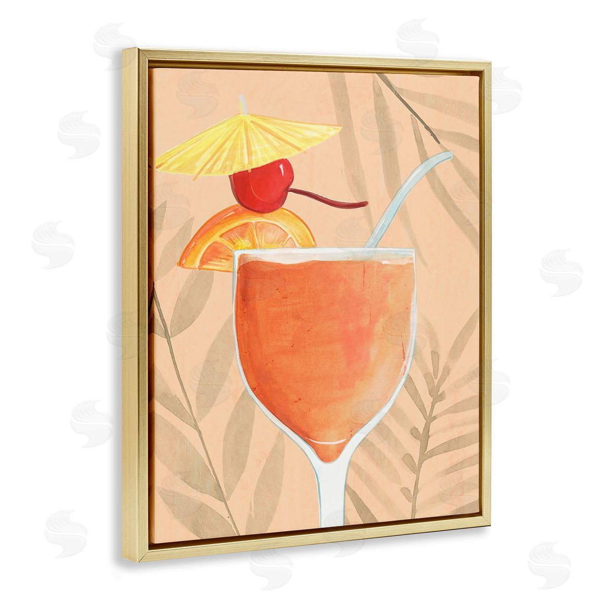 Annie Warren Tropical Cocktail with Fruit Gold Floating Frame Canvas Wall Art Print