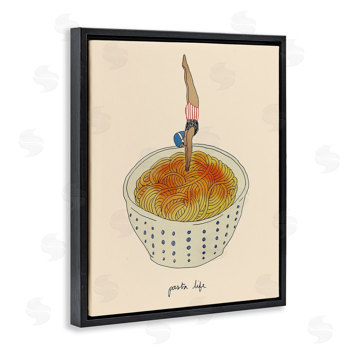 Swimmer with Pasta Bowl Black Floating Frame Canvas Wall Art, Home Decor by Victoria Barnes