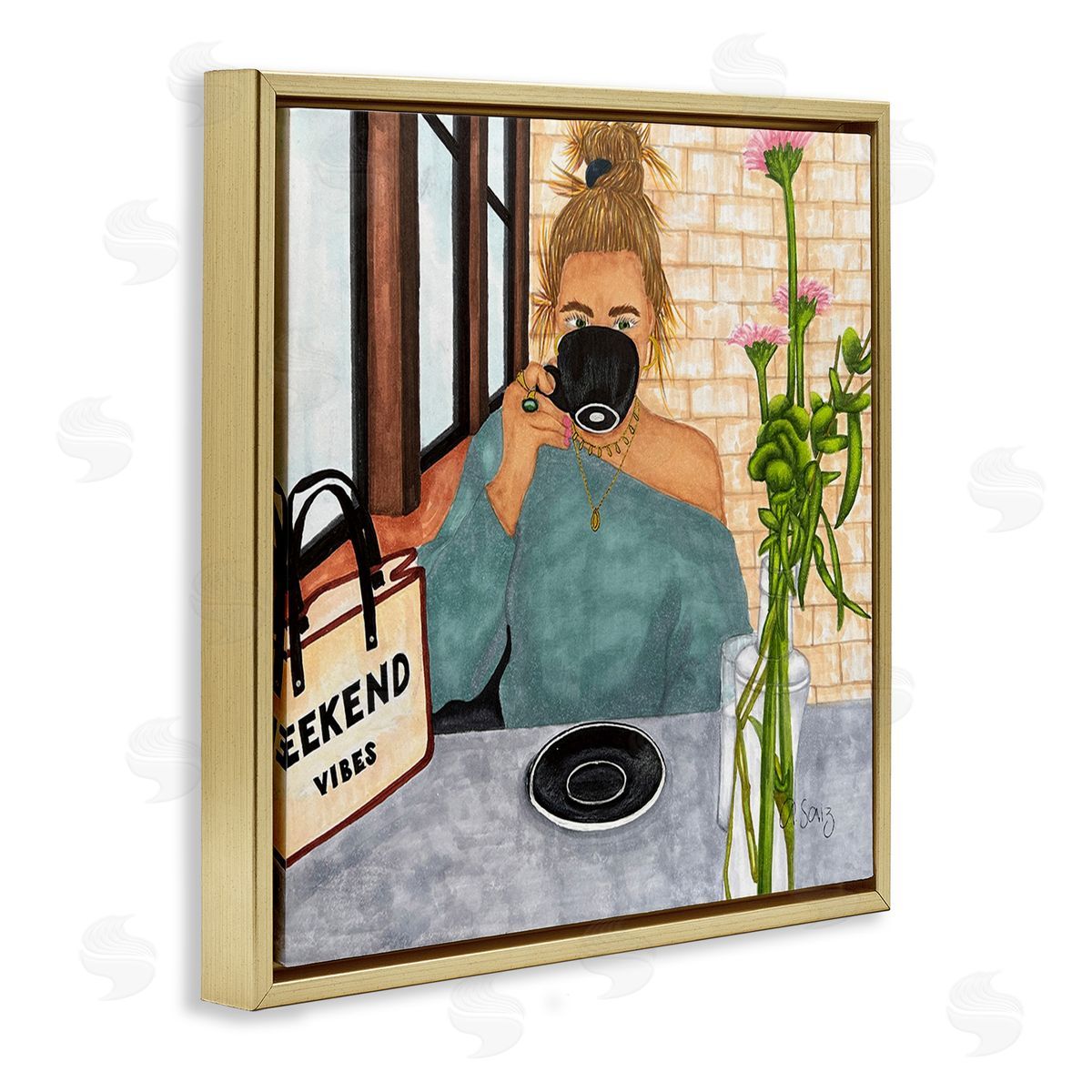 Ale Saiz Studio Weekend Vibes at Cafe Gold Floating Frame Canvas Wall Art Print