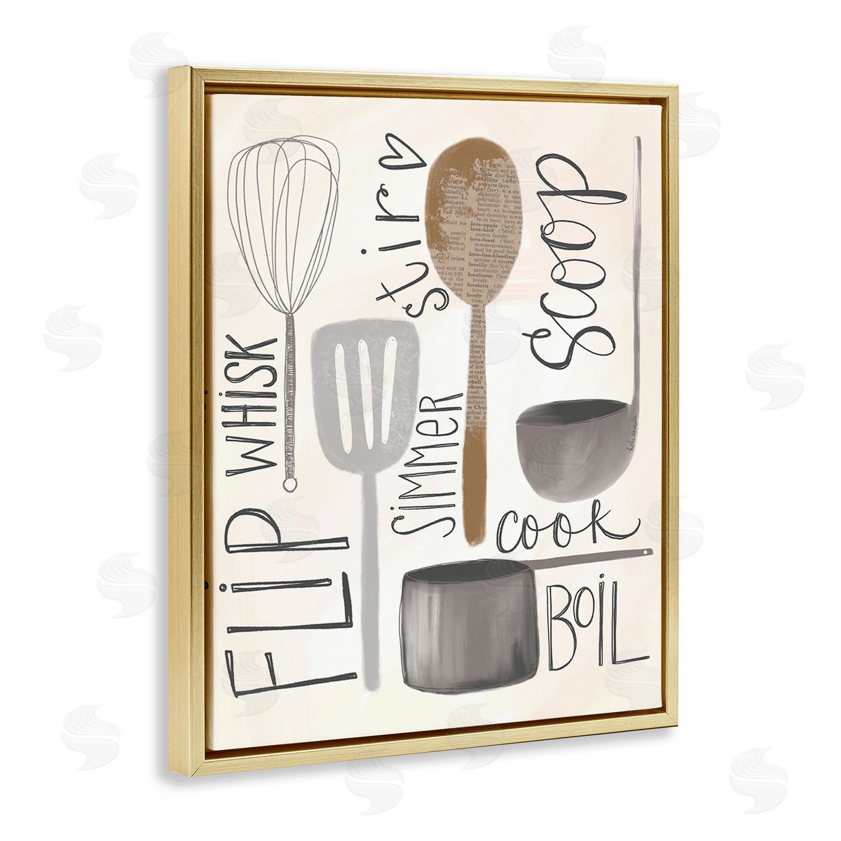 Katie Doucette Kitchen Phrases & Utensils Gold Floating Frame Canvas Wall Art Print
