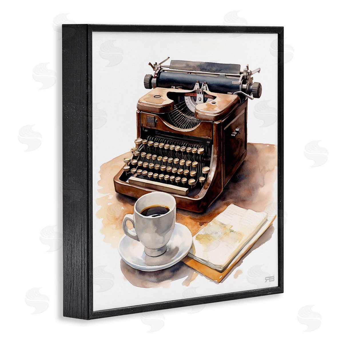 RB Typewriter with Coffee Mug Black Framed Giclee Wall Art Print