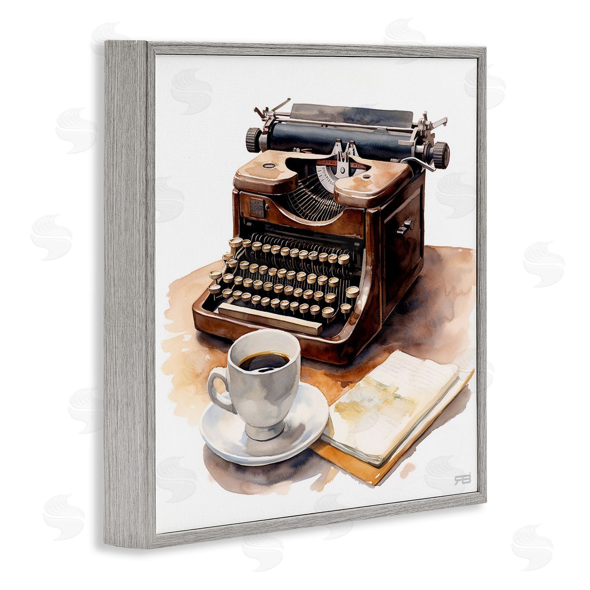RB Typewriter with Coffee Mug Gray Framed Giclee Wall Art Print