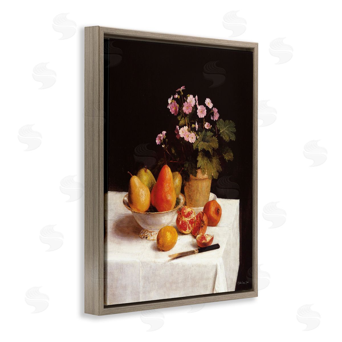 Stellar Design Studio Fruit & Bouquet Still Life Brown Floating Frame Canvas Wall Art Print