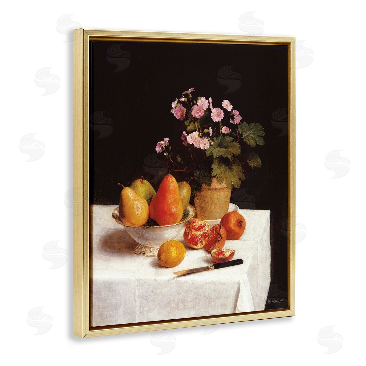 Stellar Design Studio Fruit & Bouquet Still Life Gold Floating Frame Canvas Wall Art Print