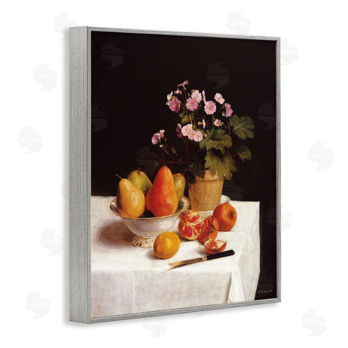 Stellar Design Studio Fruit & Bouquet Still Life Gray Framed Giclee Wall Art Print