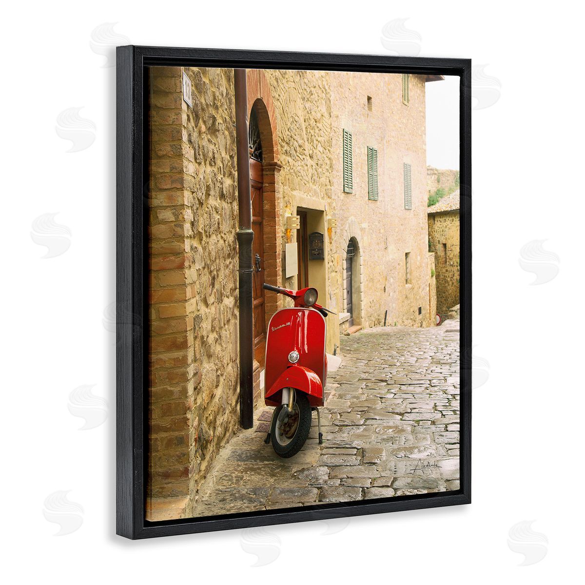 Aledanda Red Moped in City Black Floating Frame Canvas Wall Art Print