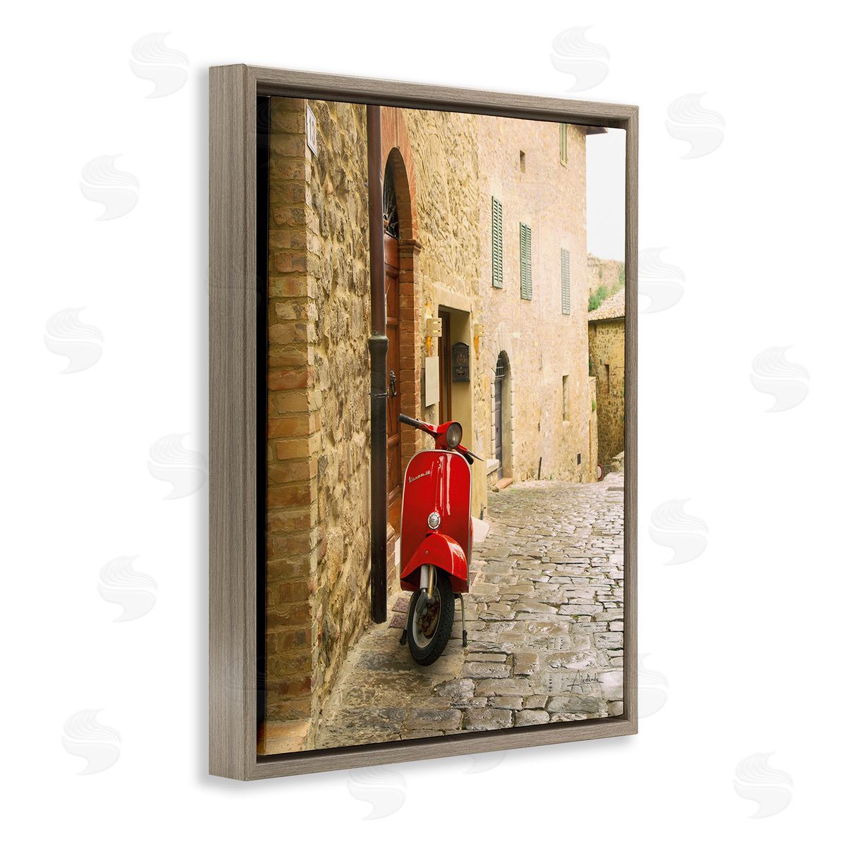 Aledanda Red Moped in City Brown Floating Frame Canvas Wall Art Print
