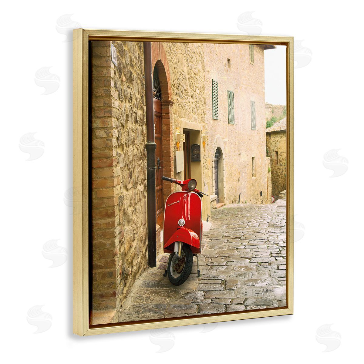 Aledanda Red Moped in City Gold Floating Frame Canvas Wall Art Print