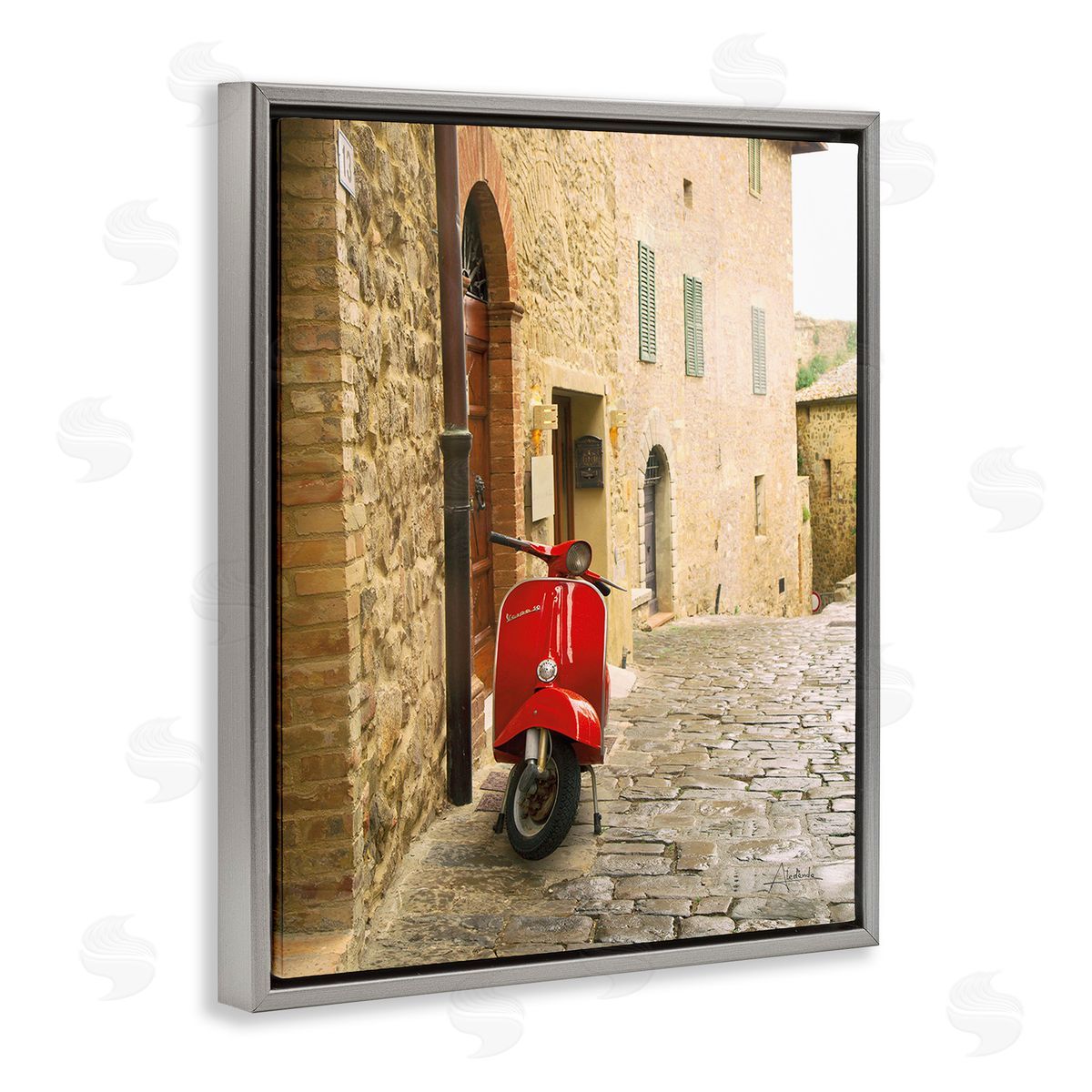 Aledanda Red Moped in City Gray Floating Frame Canvas Wall Art Print