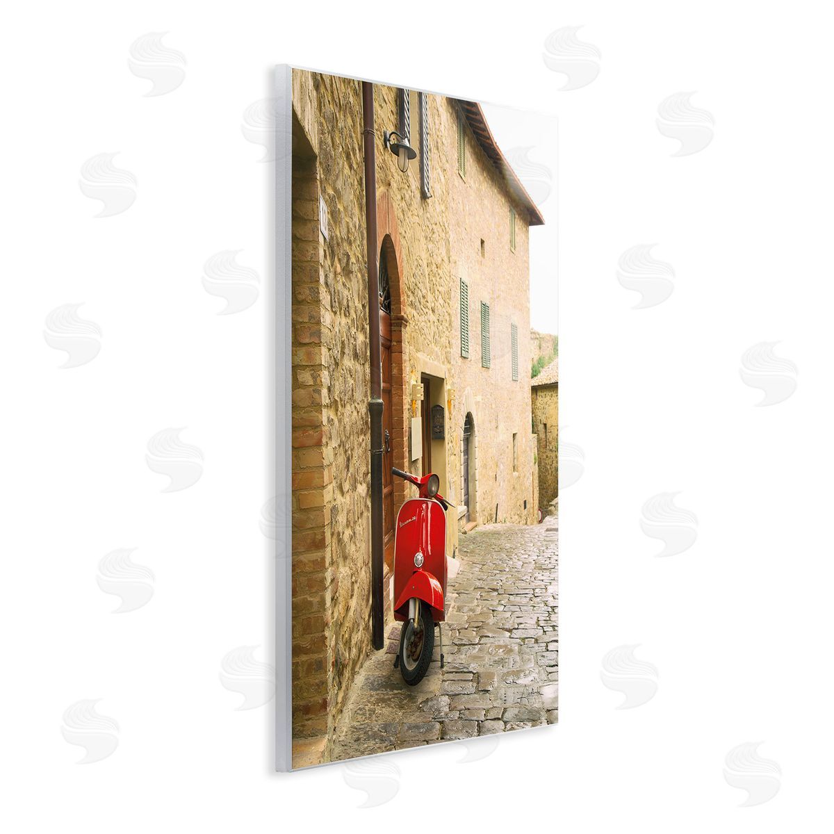 Aledanda Red Moped in City Wooden Wall Plaque Art Print