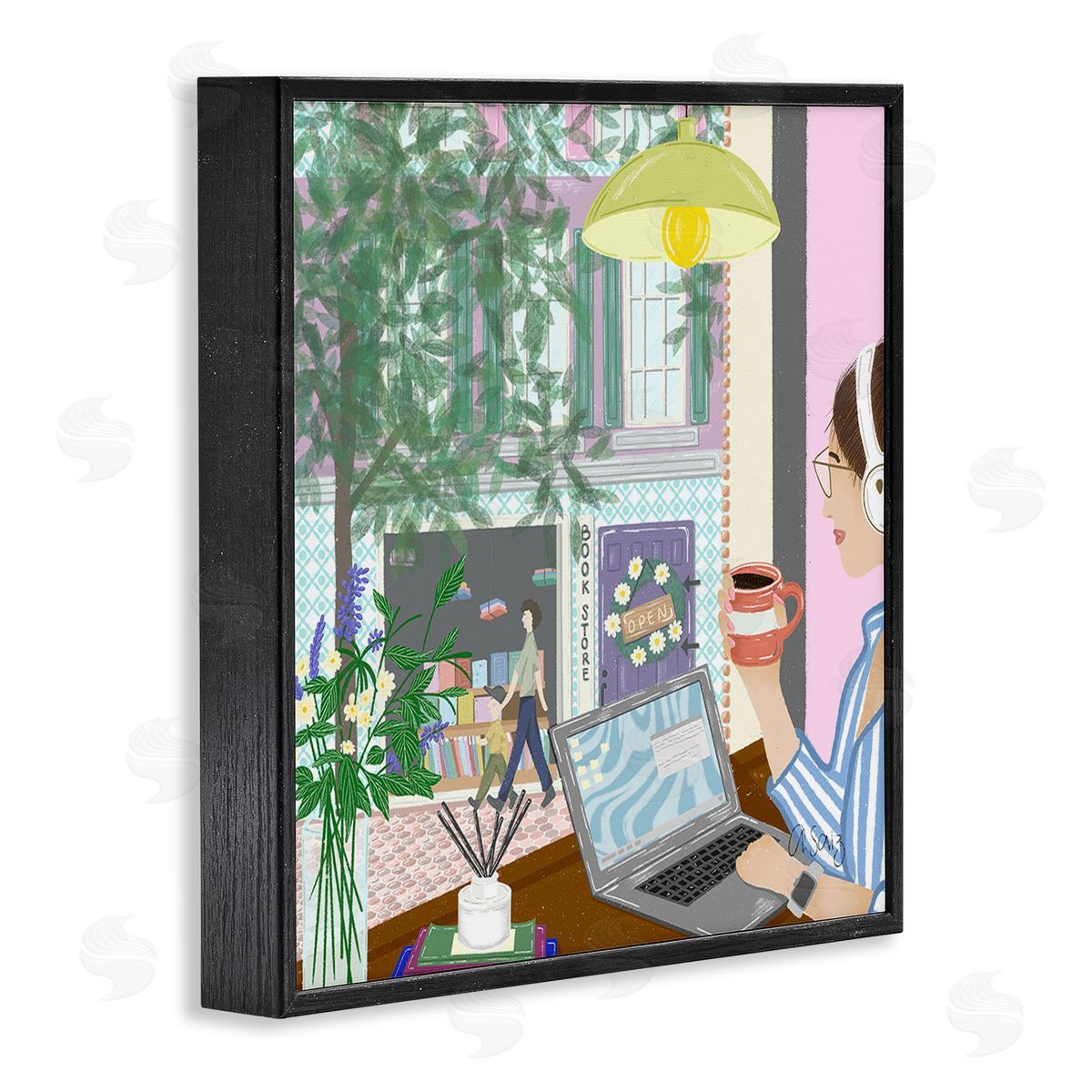 Ale Saiz Studio Relaxing Cafe in City Black Framed Giclee Wall Art Print